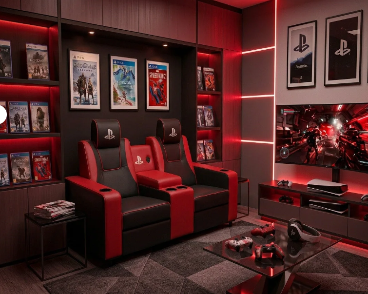 Kırmızı ve siyah tasarımlı VIP PlayStation 5 oyun odası